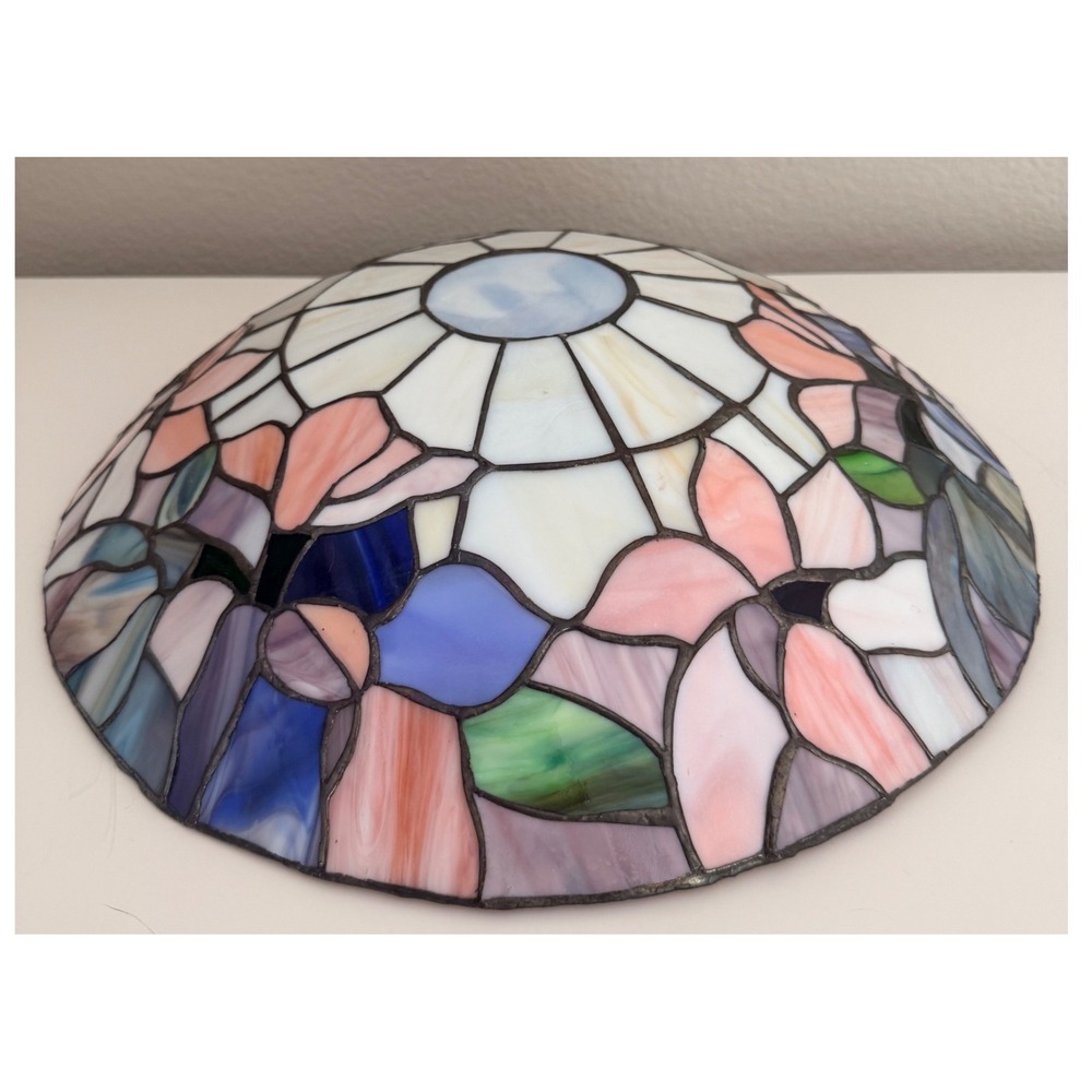 Vintage Tiffany Style Stained Slag Glass Floral Mount Lamp Shade Pink Blue 12.5"